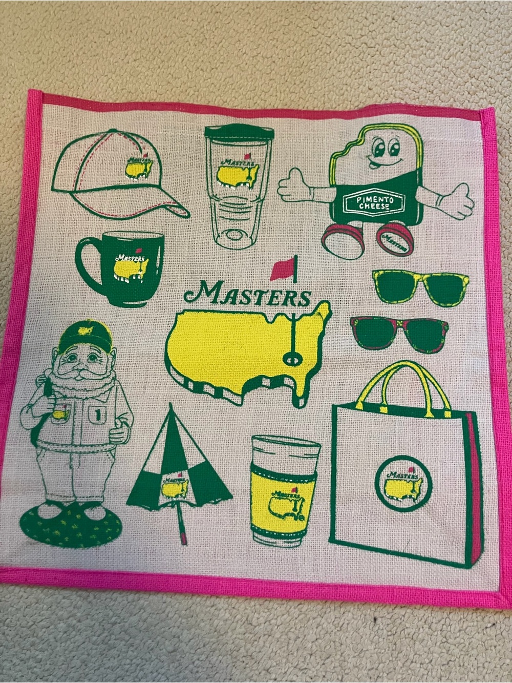 2026 Masters Limited Pink Jute Tote Bag Pink Green Yellow Gnome - Brand New NWT